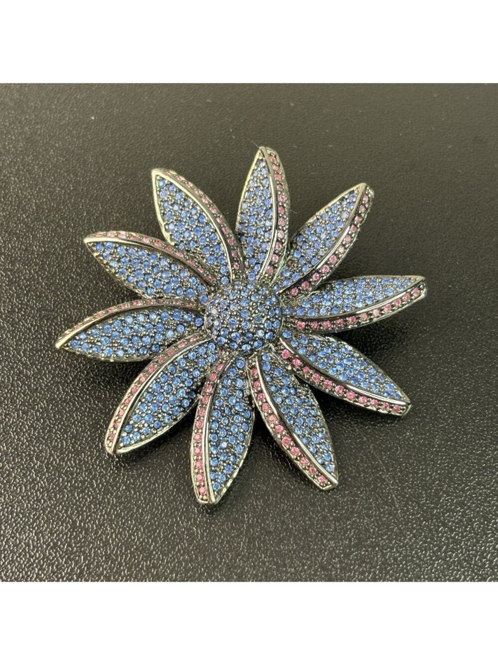 Vintage Silver Tone Blue Rhinestone Flower Floral Brooch Pin 2 1/4"